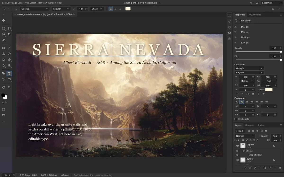 A poster-style title being edited over a landscape painting in PhotoCraft (upstream example)