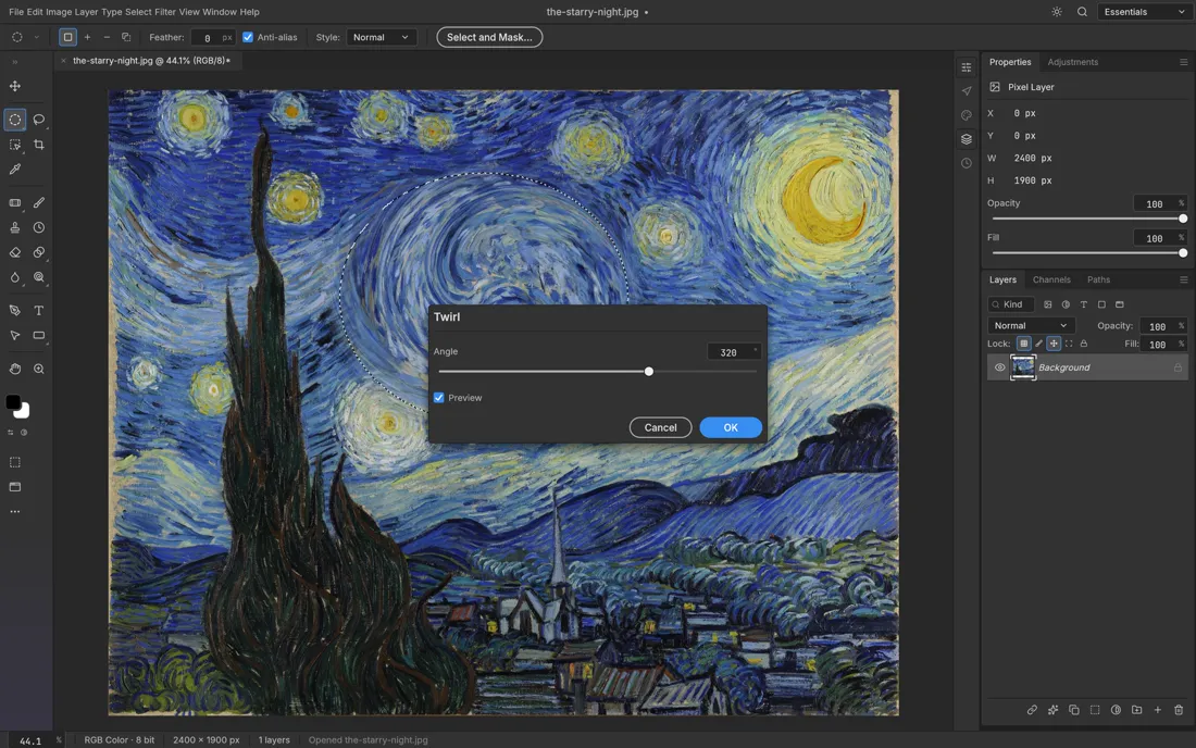 PhotoCraft twirl filter dialog previewing inside a selection on a painting (upstream example)