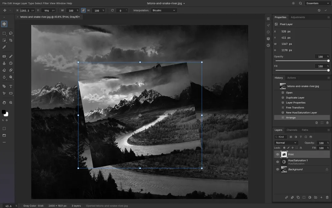 PhotoCraft free transform handles around a rotated image copy with history panel (upstream example)