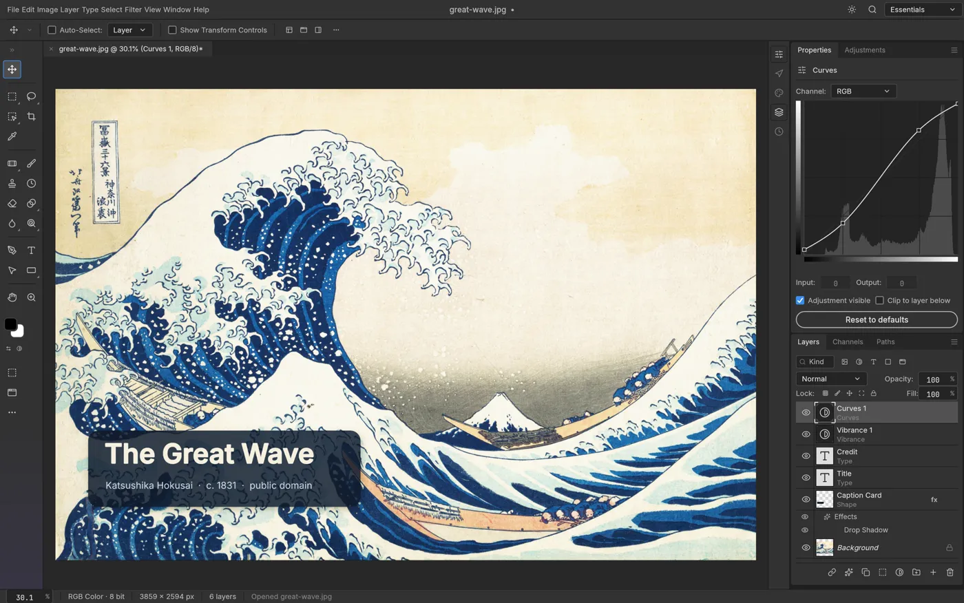 PhotoCraft with a woodblock-print wave photograph open, a caption card and title and credit type layers on top (upstream example)